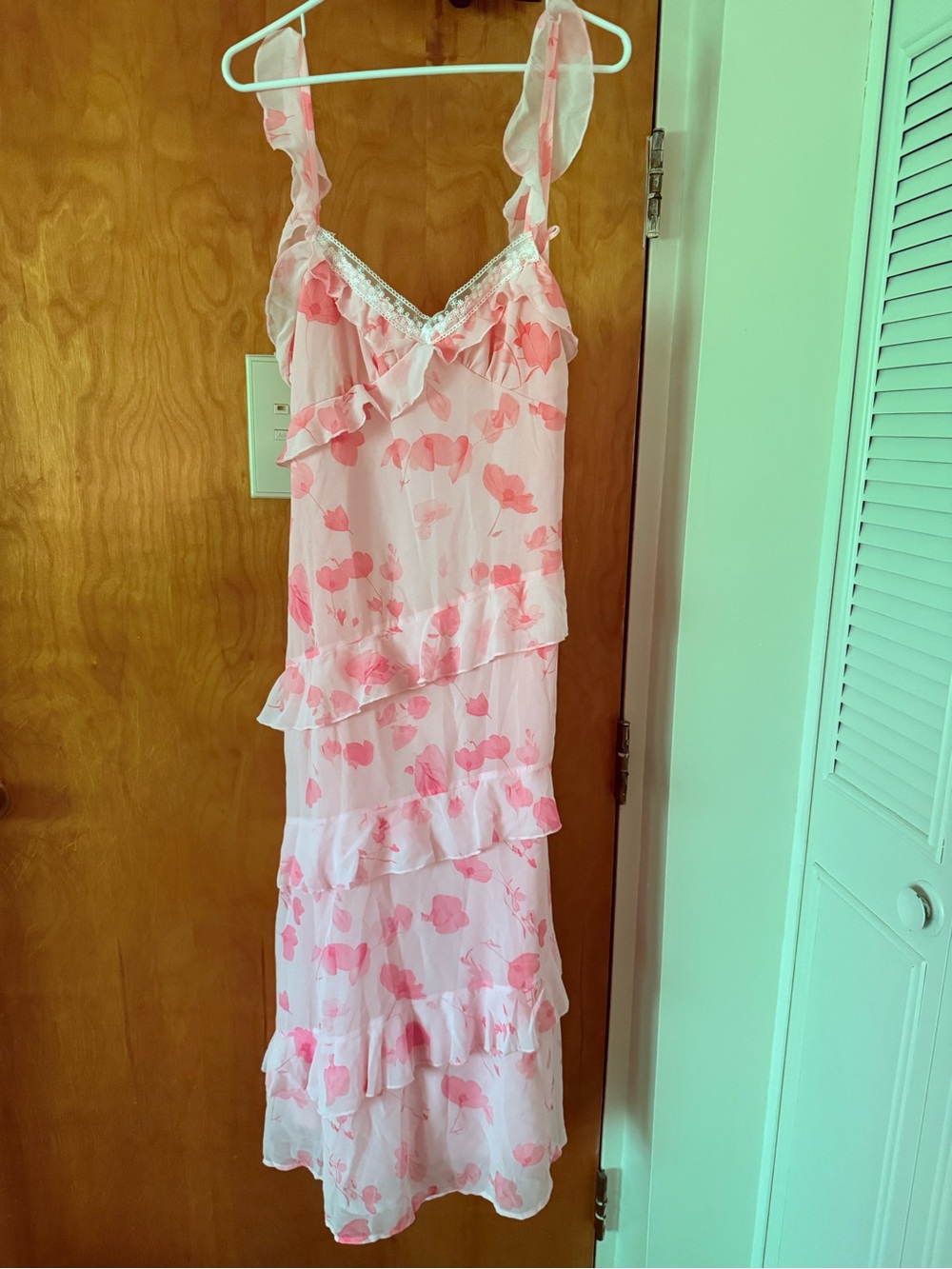 SHEIN Pink Floral Ruffle Tiered Midi Dress